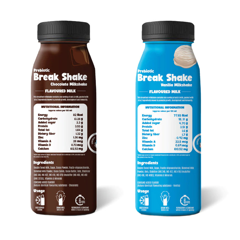 Prebiotic Break Shake - Assorted Vanilla and Chocolate Milkshake with Oats 200 ml (Pack of 8)