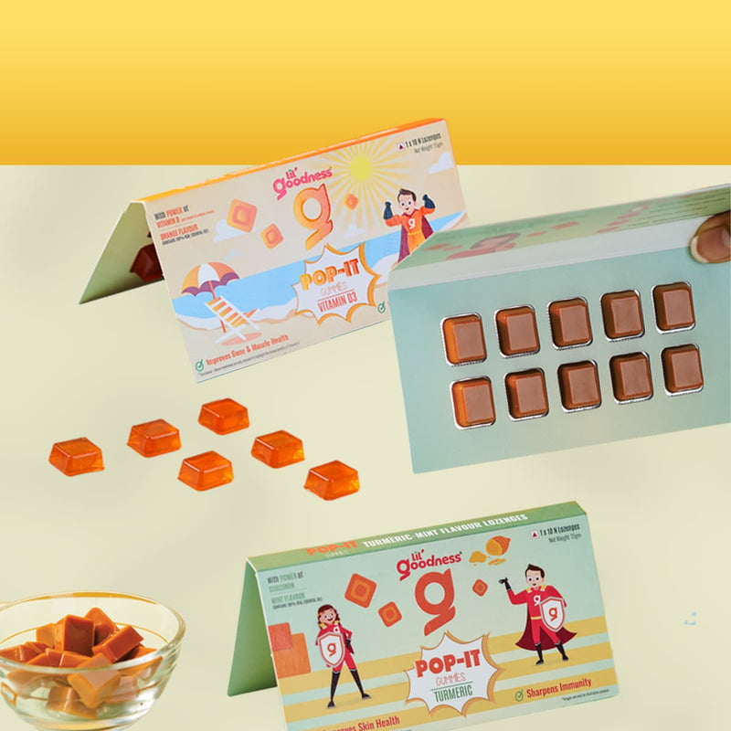 POP-IT Gummies - Assorted Turmeric Mint Flavour & Vitamin D Orange Flavour Lozenges 15g (Pack of 4, 40 gummies)